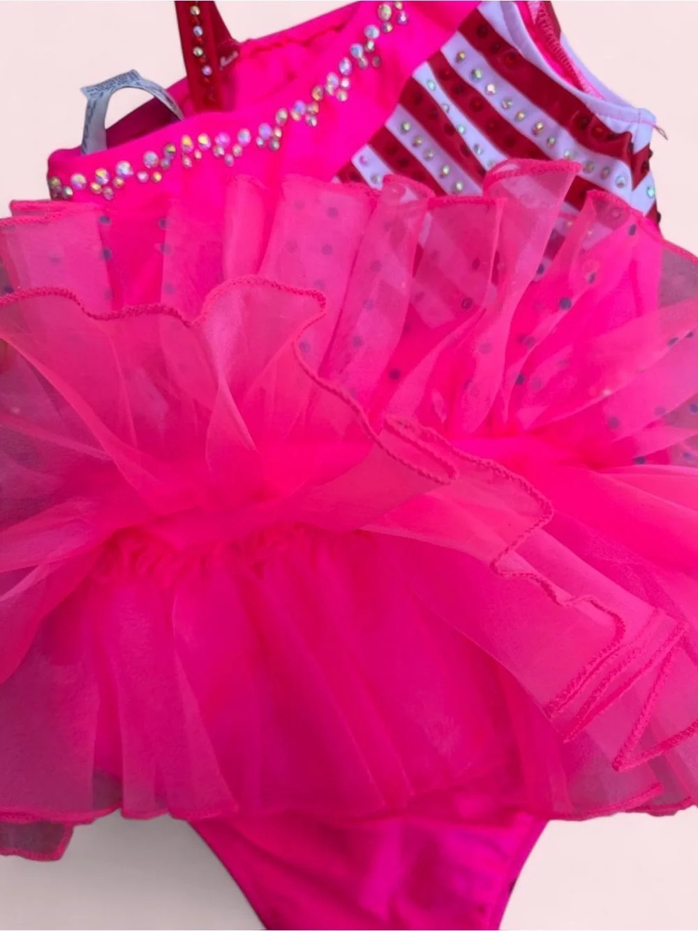 Glamour Hot Pink Candy Stripe Tutu Leotard w Red Bow Dance Halloween Costume SzS